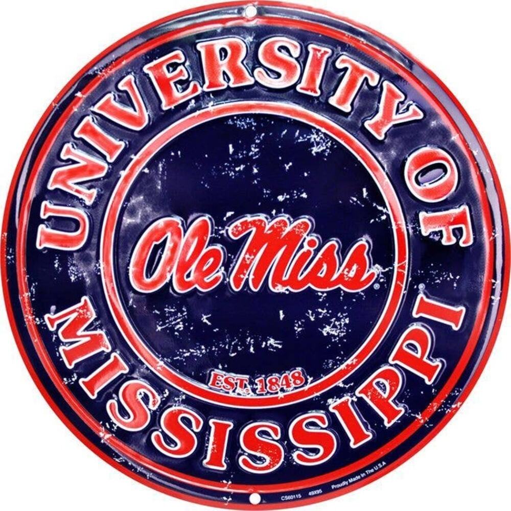 MS Univ Ole Miss 12" - Round Sports Wall Sign Vintage-Style Metal Decor